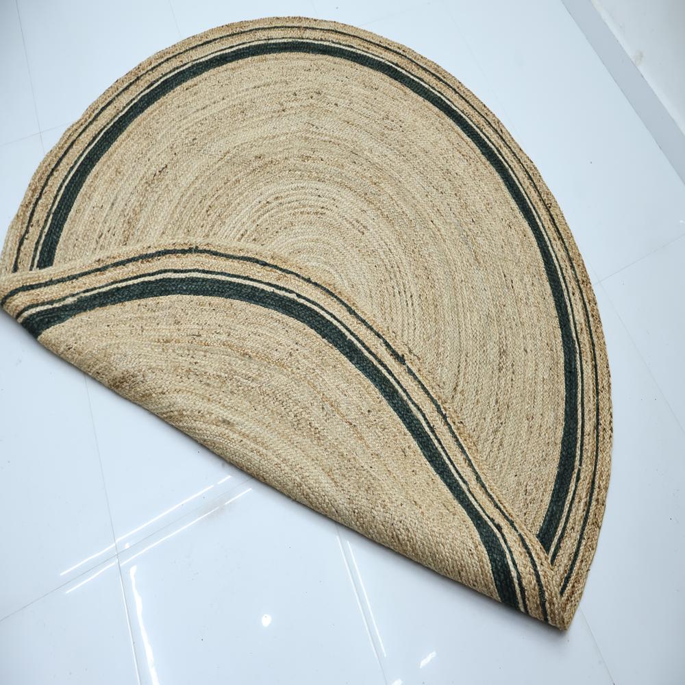 Natural Tan Round Braided Jute Rug with Dark Green Border Stripes