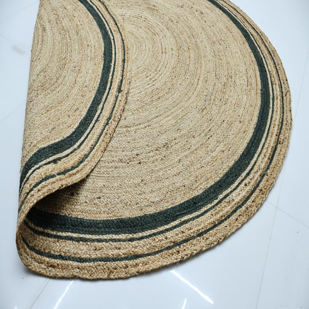Natural Tan Round Braided Jute Rug with Dark Green Border Stripes