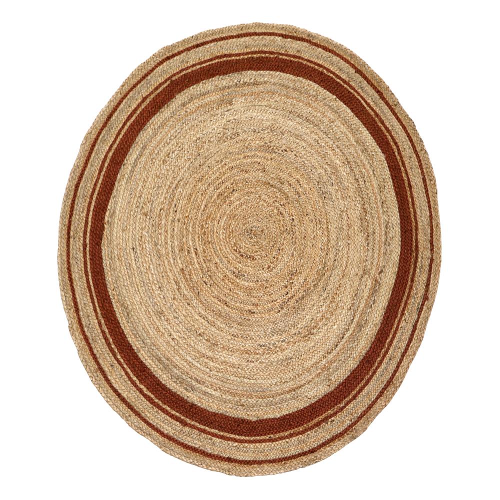 Natural Tan Round Braided Jute Rug with Rust Terracotta Border Stripes