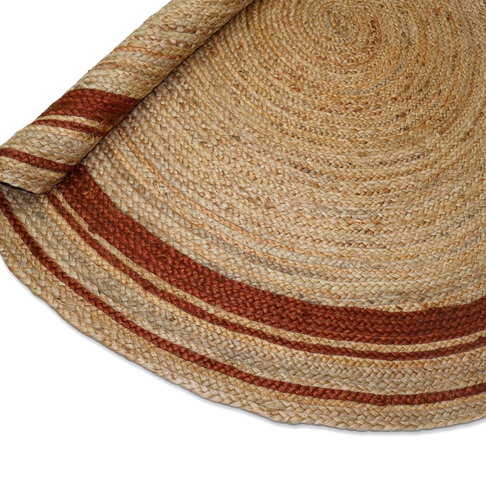 Natural Tan Round Braided Jute Rug with Rust Terracotta Border Stripes
