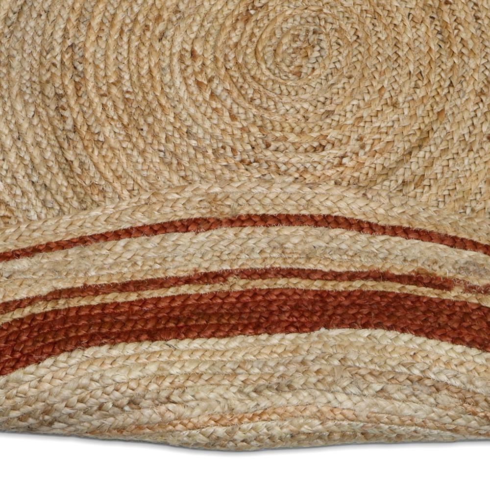 Natural Tan Round Braided Jute Rug with Rust Terracotta Border Stripes