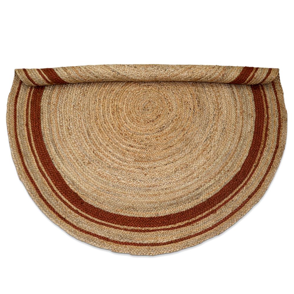 Natural Tan Round Braided Jute Rug with Rust Terracotta Border Stripes