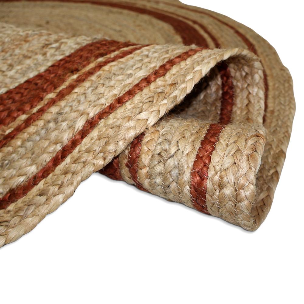 Natural Tan Round Braided Jute Rug with Rust Terracotta Border Stripes