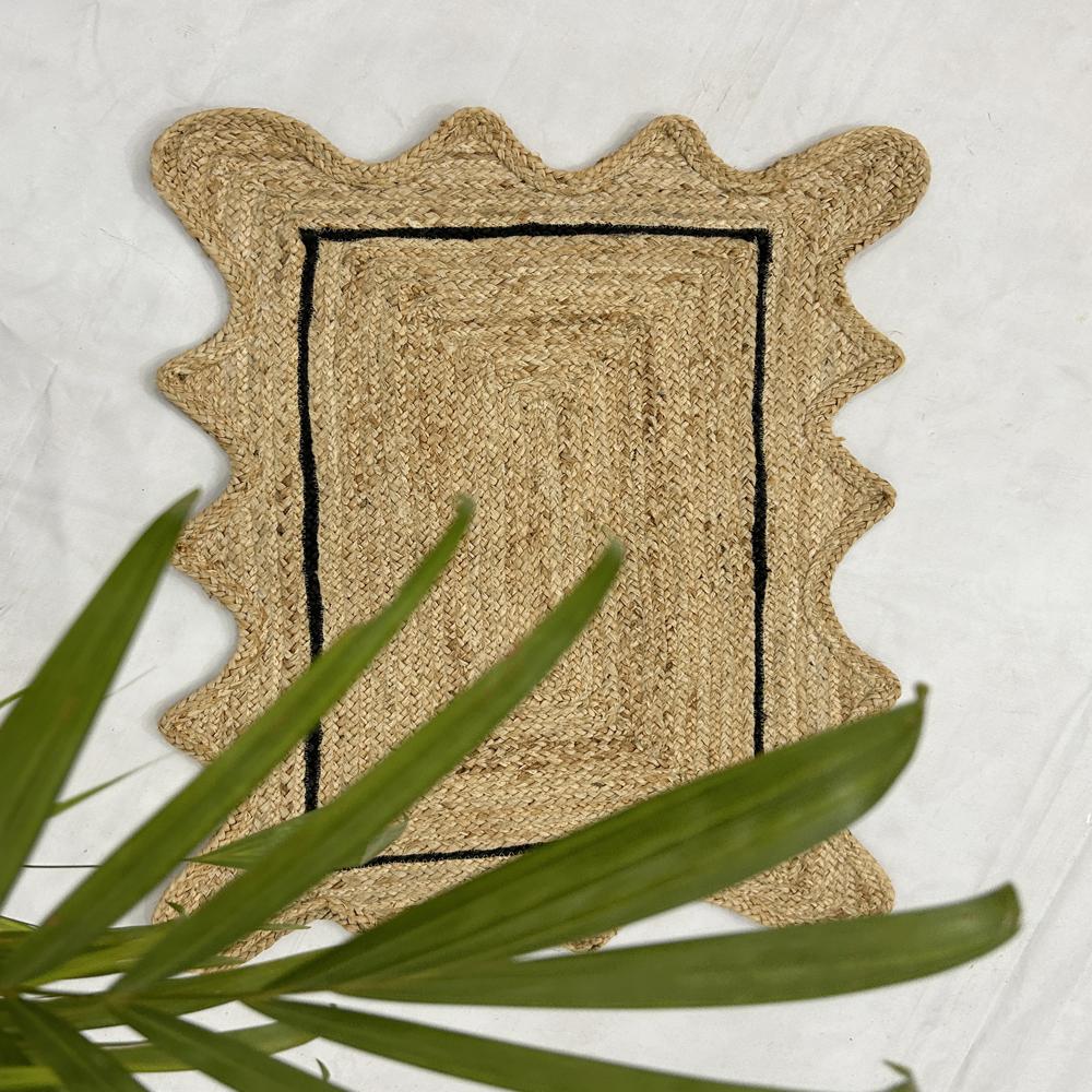 Natural Tan Rectangular Scalloped Braided Jute Rug with Black Inner Border