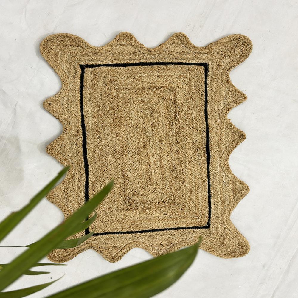 Natural Tan Rectangular Scalloped Braided Jute Rug with Black Inner Border