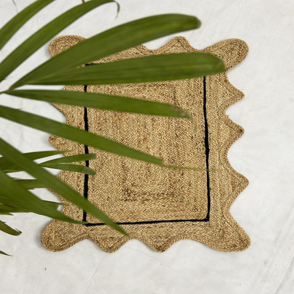 Natural Tan Rectangular Scalloped Braided Jute Rug with Black Inner Border