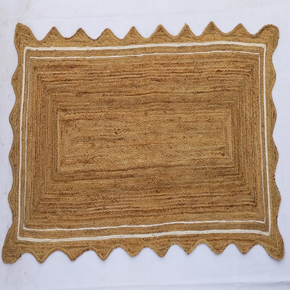 Natural Tan Rectangular Scalloped Braided Jute Rug with Off-White Inner Border