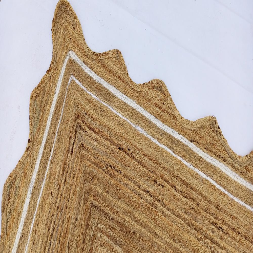 Natural Tan Rectangular Scalloped Braided Jute Rug with Off-White Inner Border