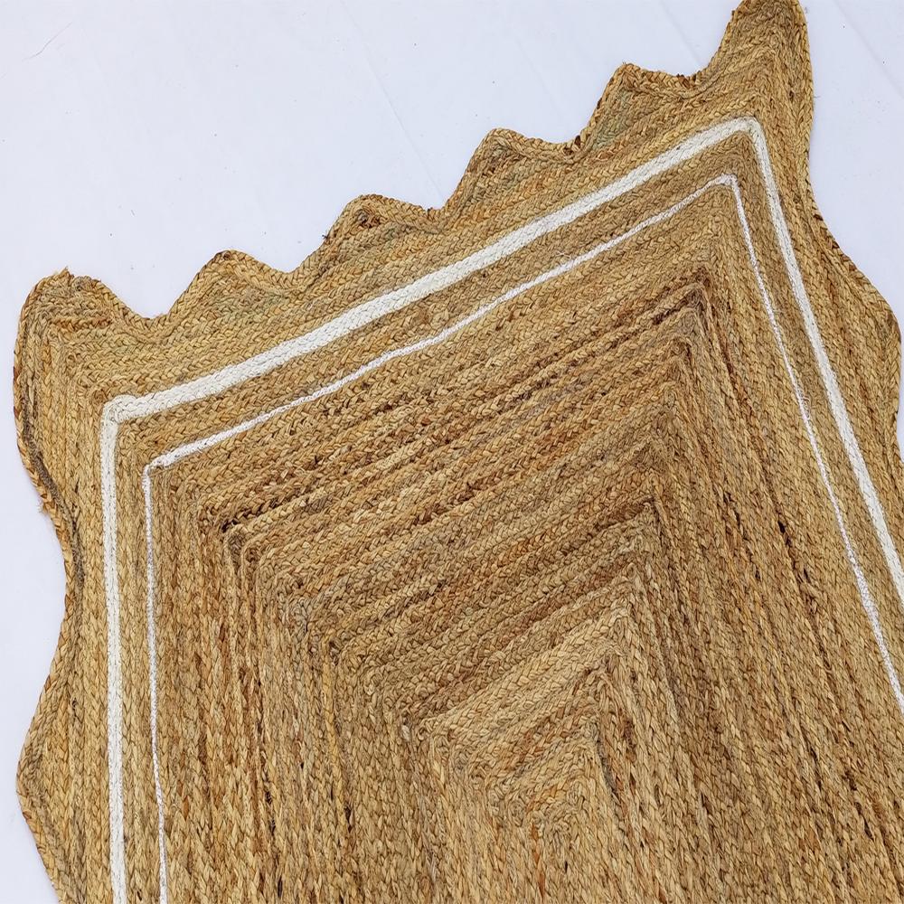 Natural Tan Rectangular Scalloped Braided Jute Rug with Off-White Inner Border