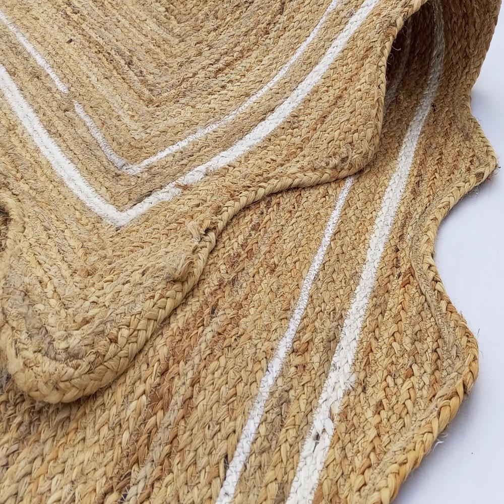 Natural Tan Rectangular Scalloped Braided Jute Rug with Off-White Inner Border