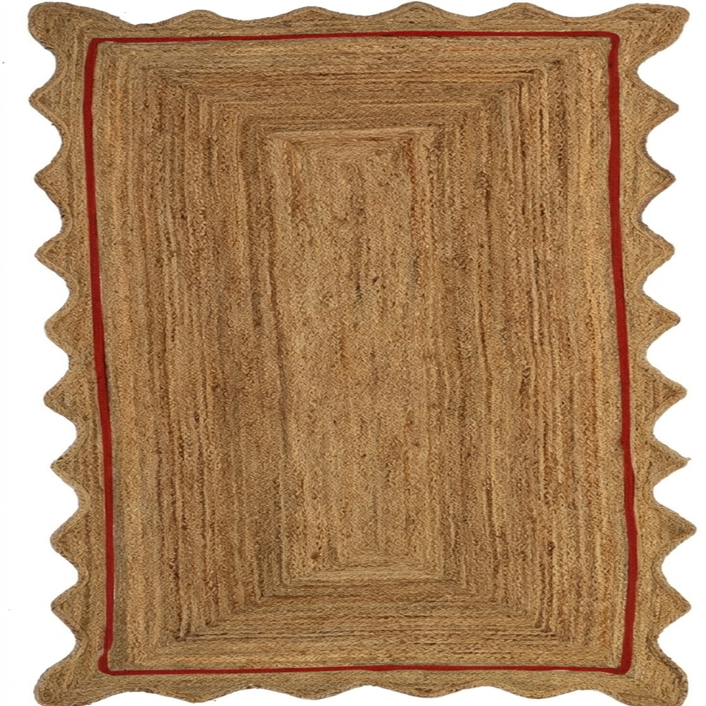 Natural Tan Rectangular Scalloped Braided Jute Rug with Red Inner Border