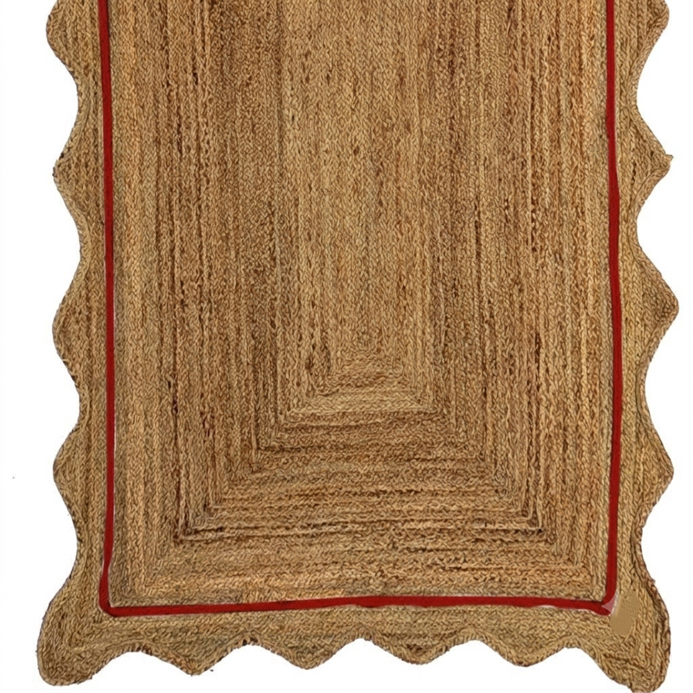 Natural Tan Rectangular Scalloped Braided Jute Rug with Red Inner Border