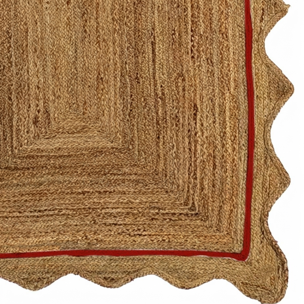 Natural Tan Rectangular Scalloped Braided Jute Rug with Red Inner Border