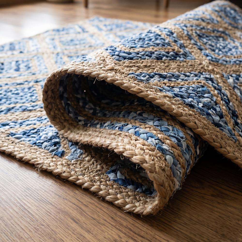 Natural Jute and Multicolor Blue Braided Diamond Lattice Area Rug