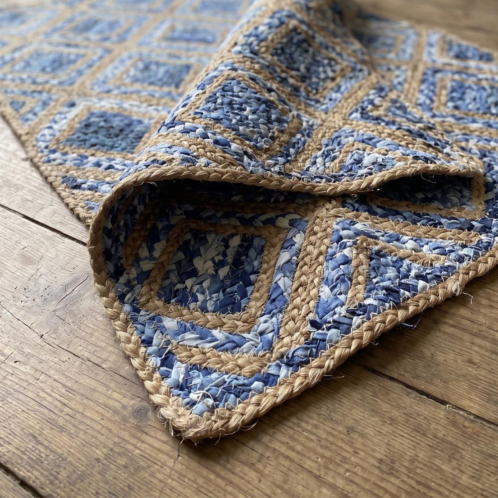 Natural Jute and Multicolor Blue Braided Diamond Lattice Area Rug
