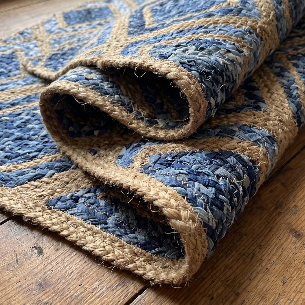 Natural Jute and Multicolor Blue Braided Diamond Lattice Area Rug
