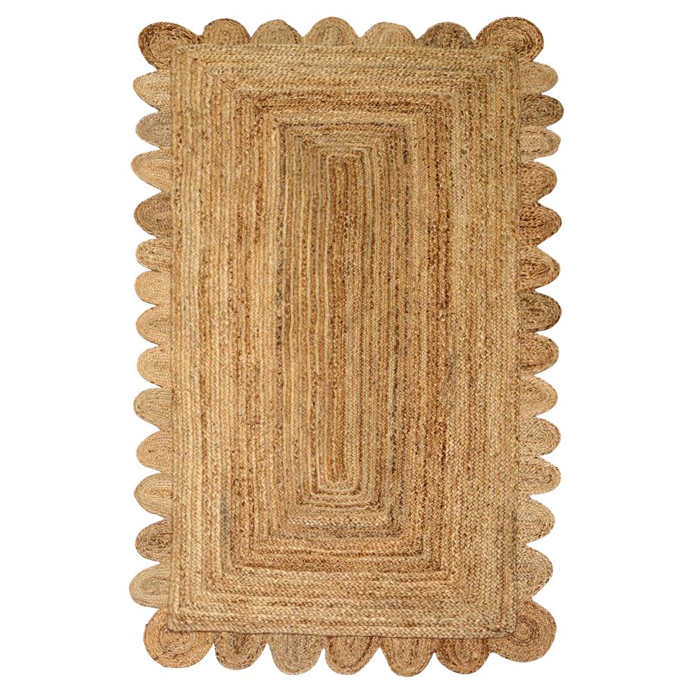 Natural Tan Rectangular Scalloped Braided Jute Area Rug