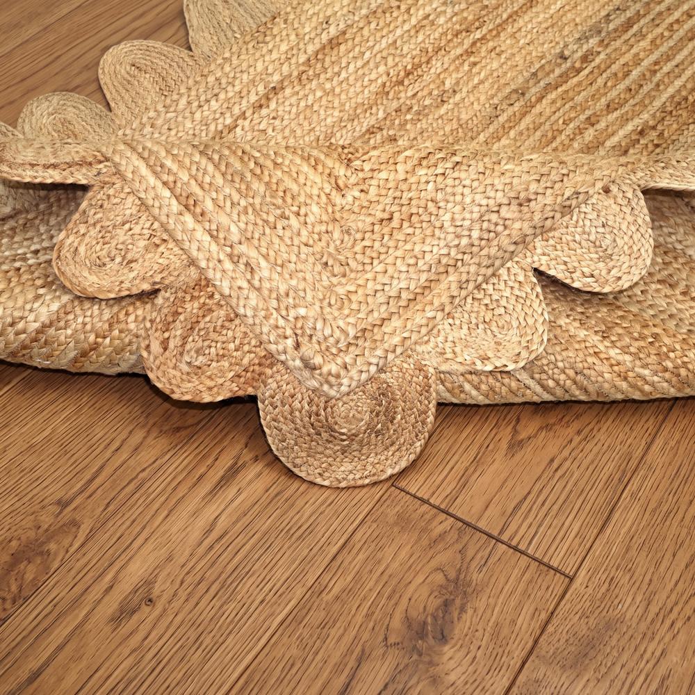 Natural Tan Rectangular Scalloped Braided Jute Area Rug