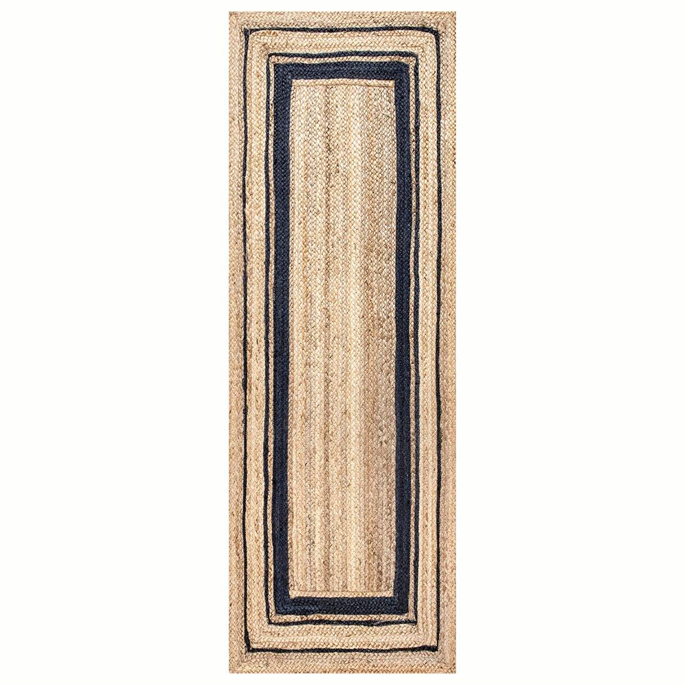 Natural Tan Rectangular Braided Jute Area Rug with Double Black Border Lines