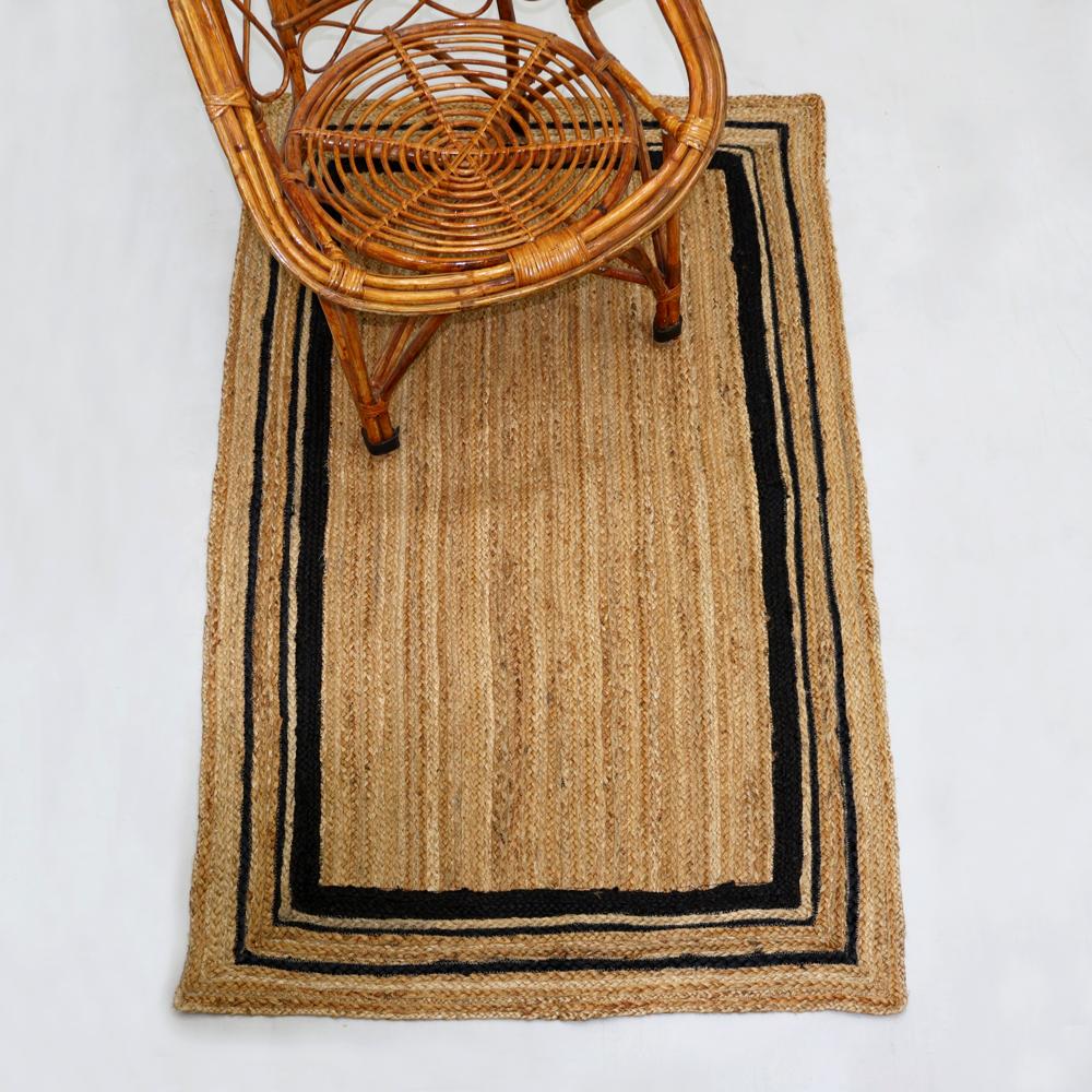 Natural Tan Rectangular Braided Jute Area Rug with Double Black Border Lines