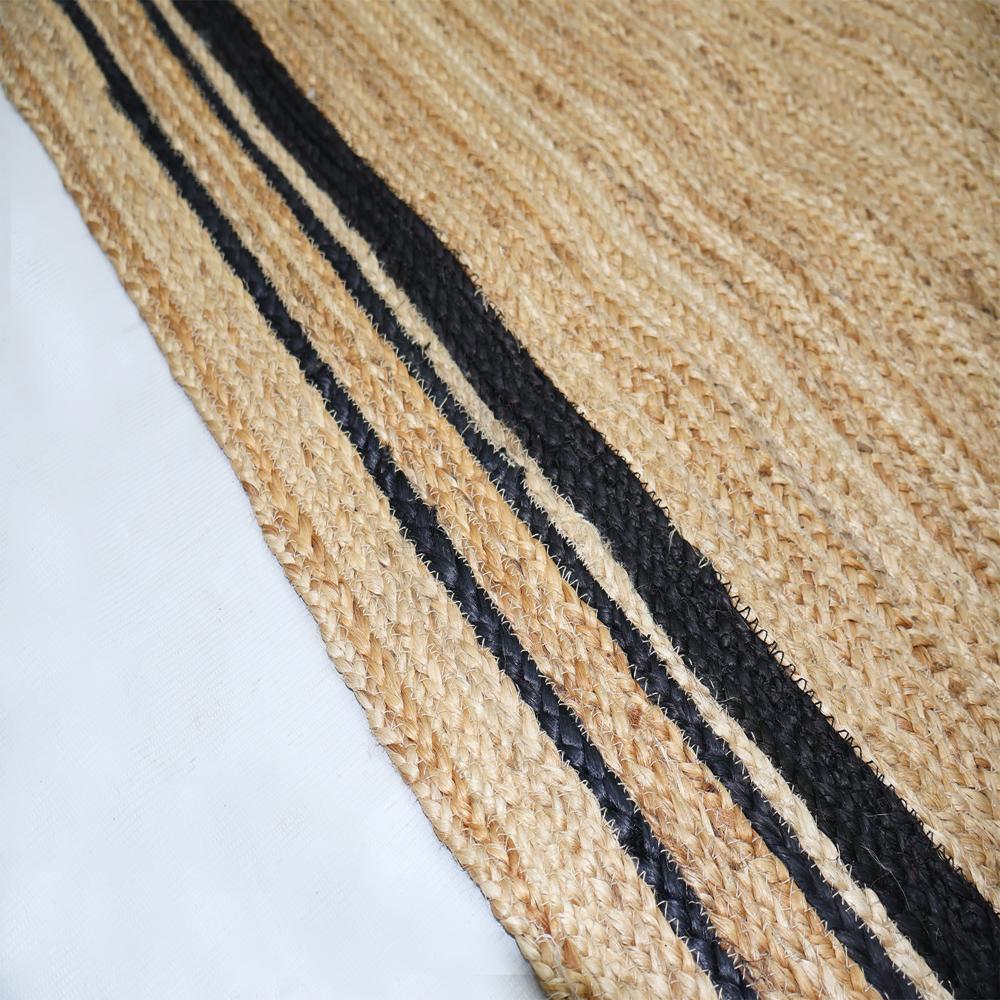 Natural Tan Rectangular Braided Jute Area Rug with Double Black Border Lines