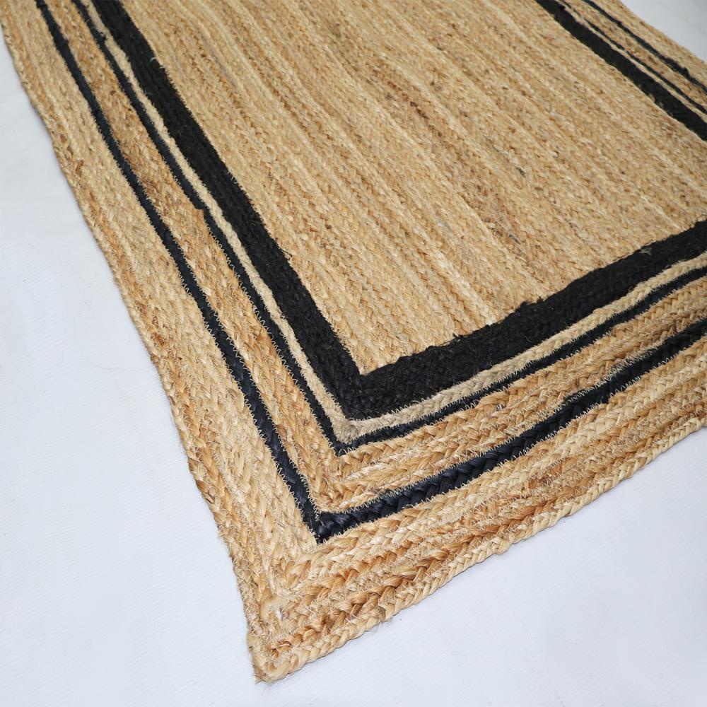 Natural Tan Rectangular Braided Jute Area Rug with Double Black Border Lines