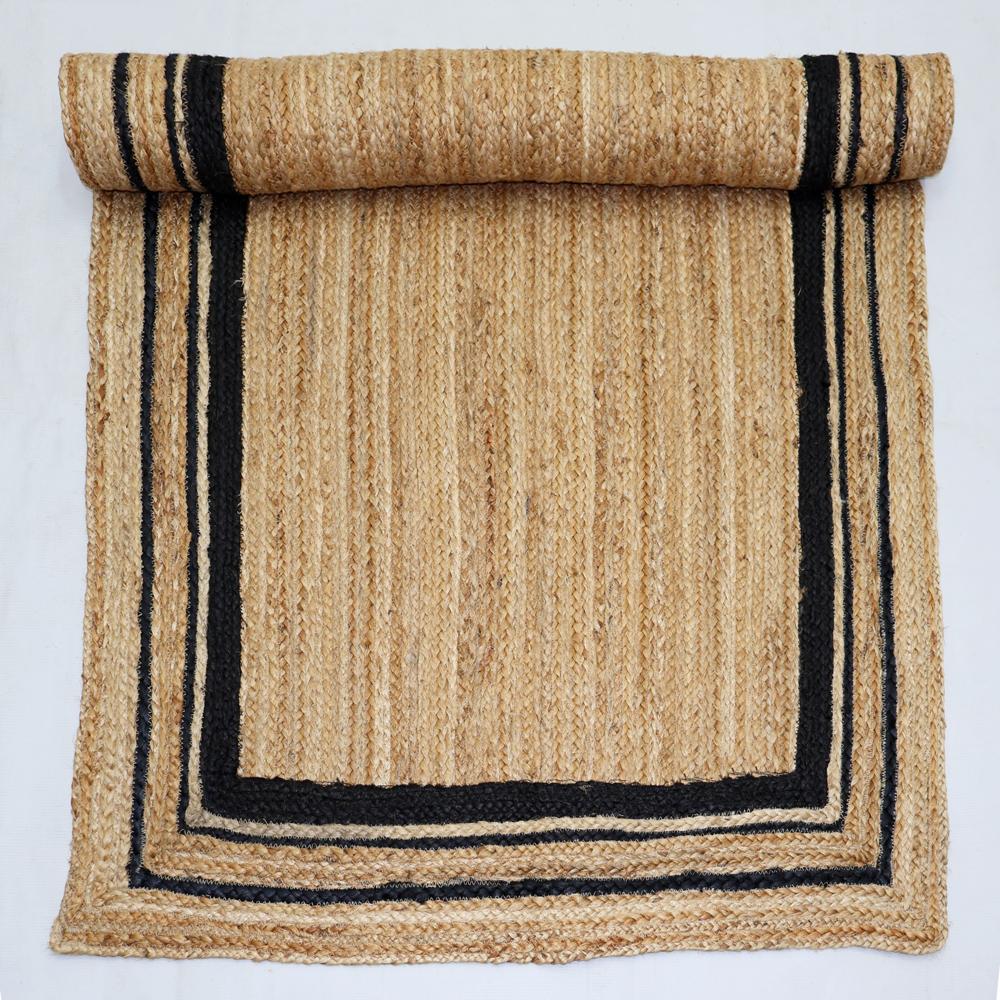 Natural Tan Rectangular Braided Jute Area Rug with Double Black Border Lines