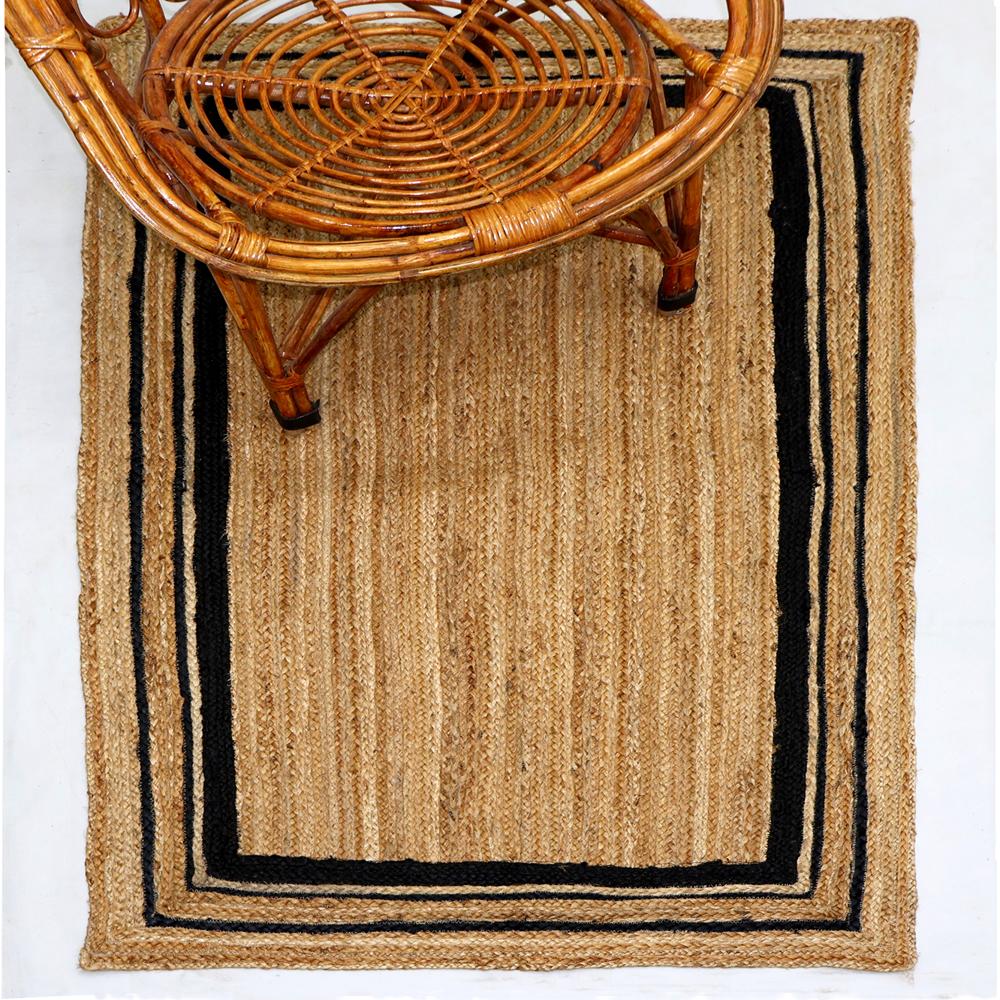 Natural Tan Rectangular Braided Jute Area Rug with Double Black Border Lines