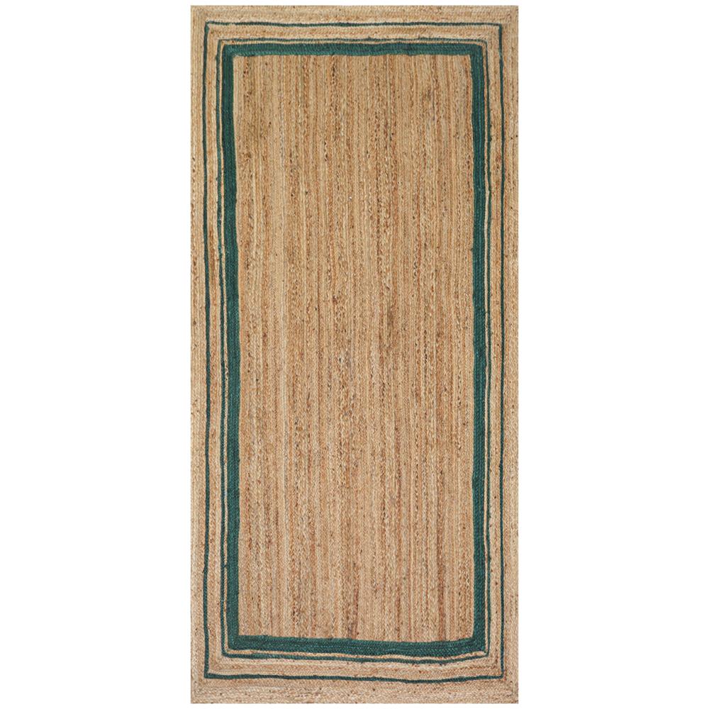 Natural Tan Rectangular Braided Jute Area Rug with Double Dark Green Border Lines