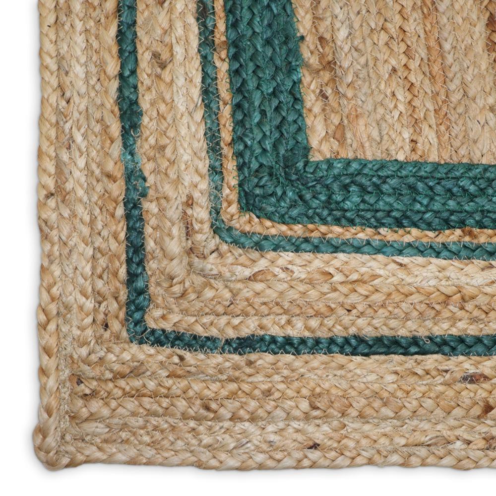 Natural Tan Rectangular Braided Jute Area Rug with Double Dark Green Border Lines
