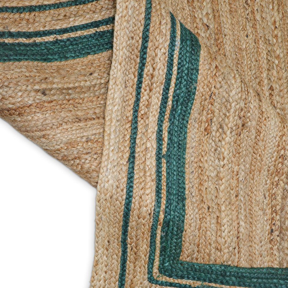 Natural Tan Rectangular Braided Jute Area Rug with Double Dark Green Border Lines