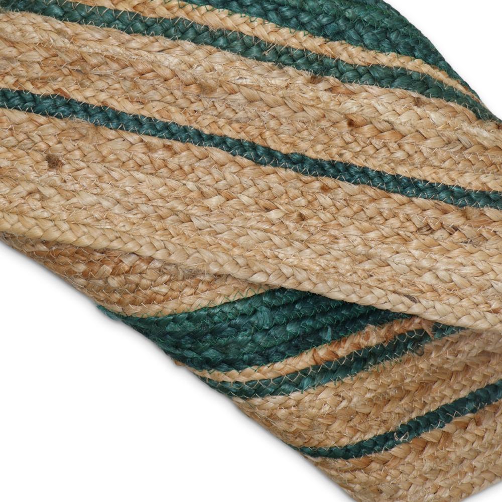 Natural Tan Rectangular Braided Jute Area Rug with Double Dark Green Border Lines