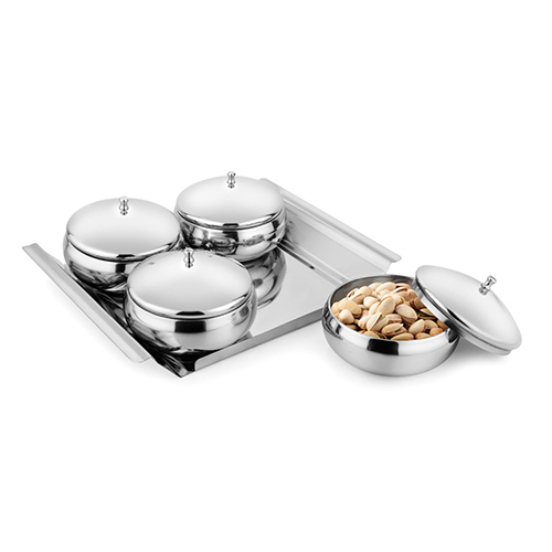 Stainless Steel Lotus Bowl With Tray Set Of 5