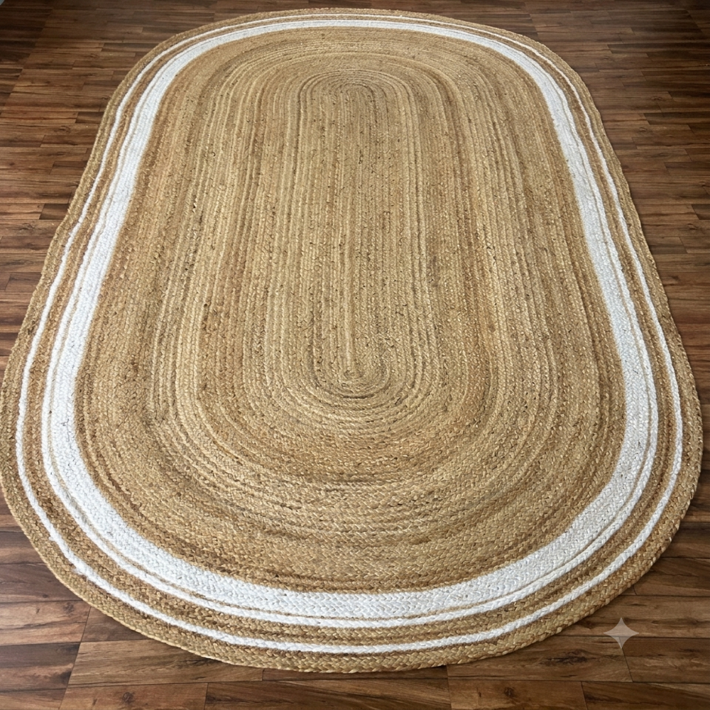 Handcrafted Oval Braided Jute Rug with White Border Accents