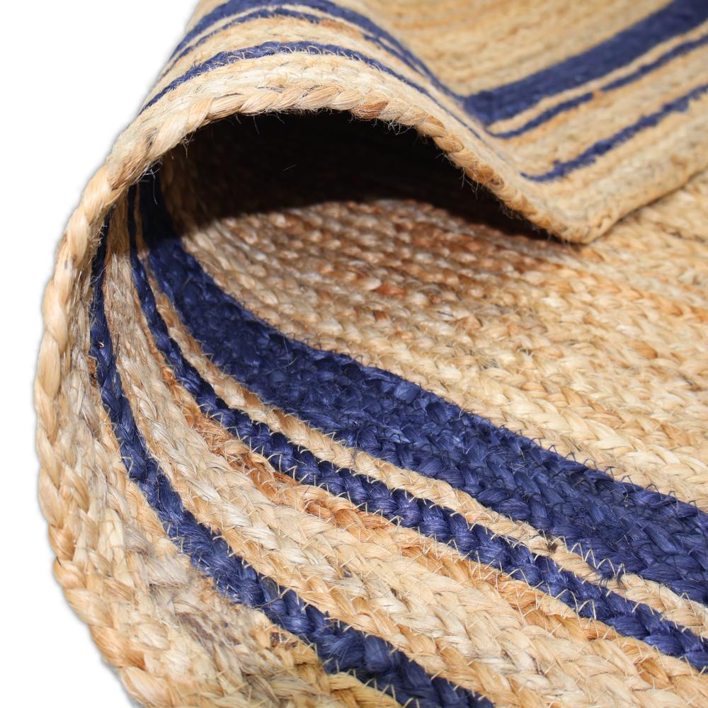 Handcrafted Braided Jute Rug with Blue Border Stripes