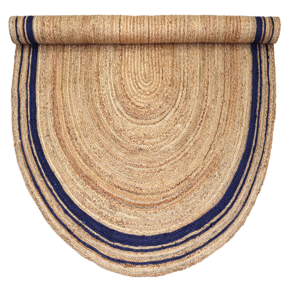 Handcrafted Braided Jute Rug with Blue Border Stripes