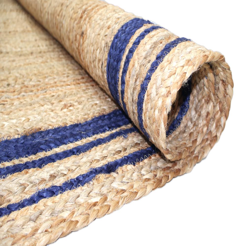 Handcrafted Braided Jute Rug with Blue Border Stripes