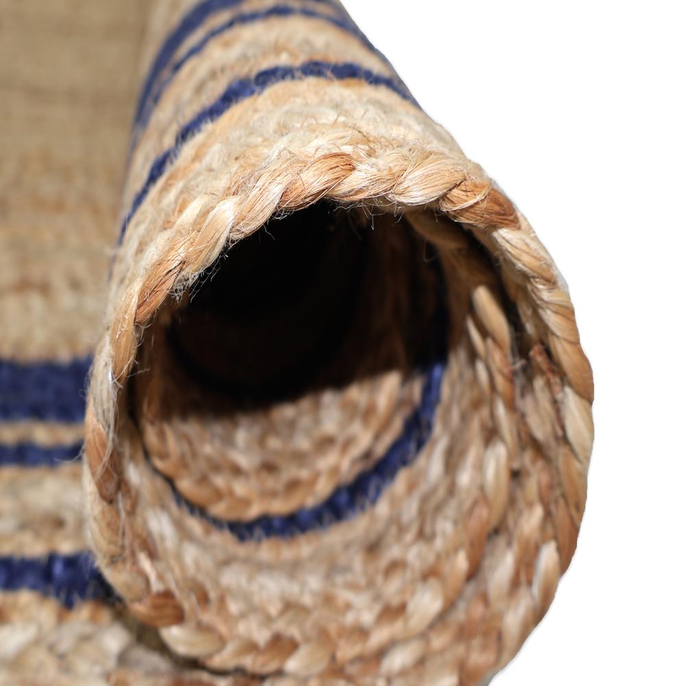 Handcrafted Braided Jute Rug with Blue Border Stripes