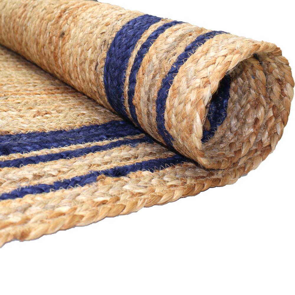 Handcrafted Braided Jute Rug with Blue Border Stripes