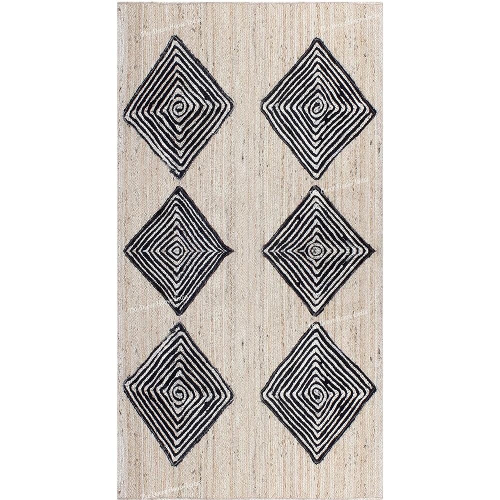 Handcrafted Jute Rug with Black Geometric Diamond Pattern