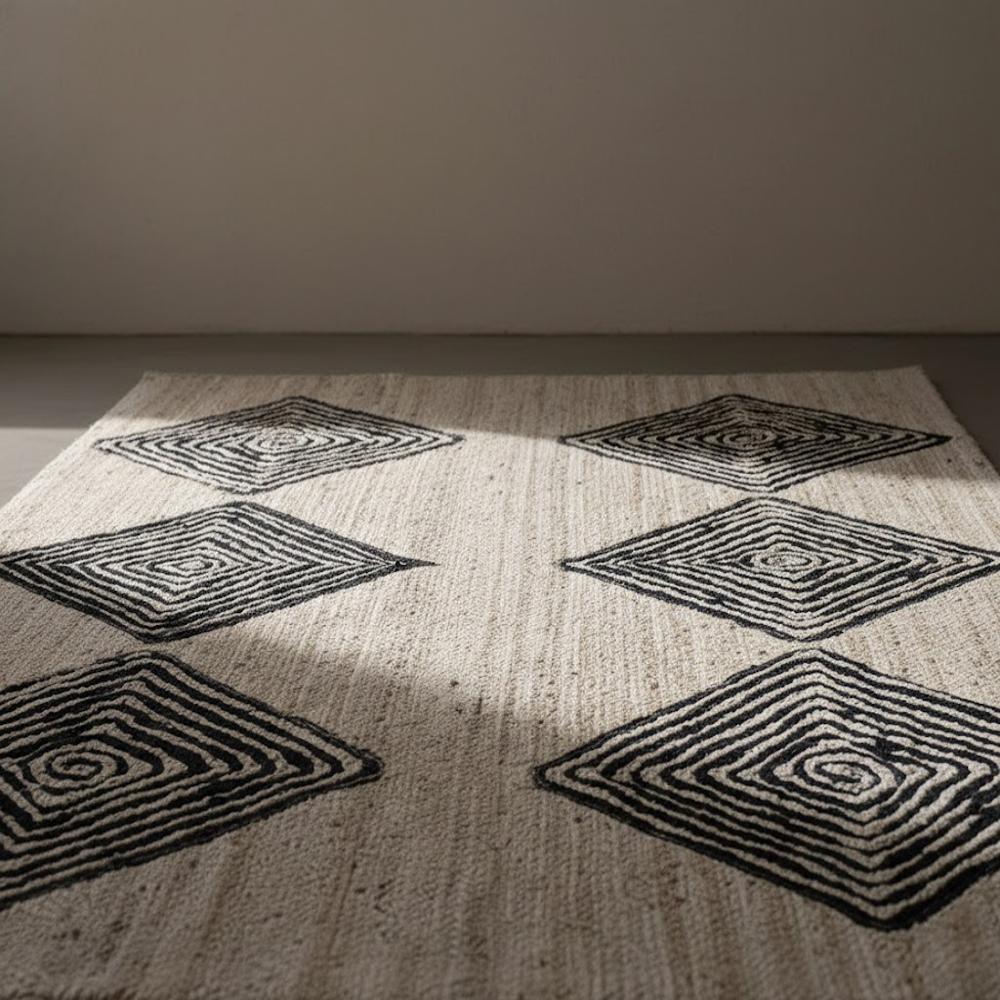 Handcrafted Jute Rug with Black Geometric Diamond Pattern