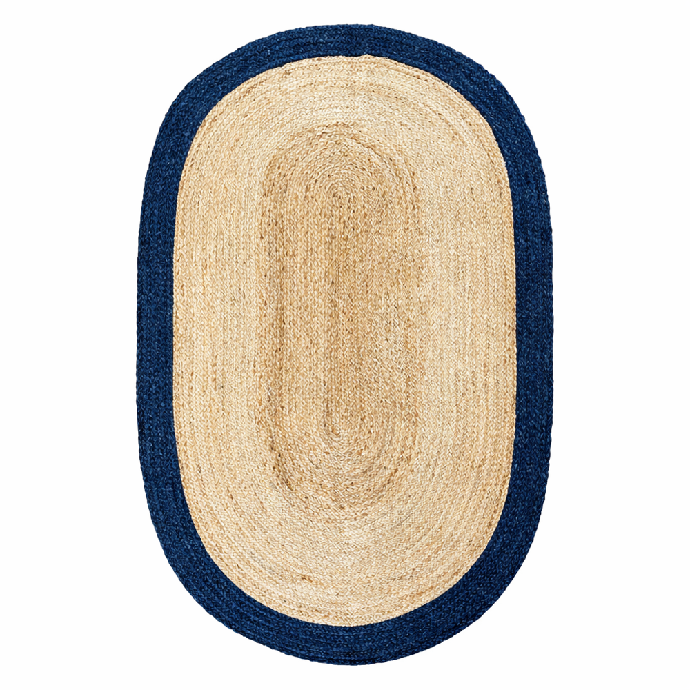 Handcrafted Oval Braided Jute Rug with Navy Blue Border