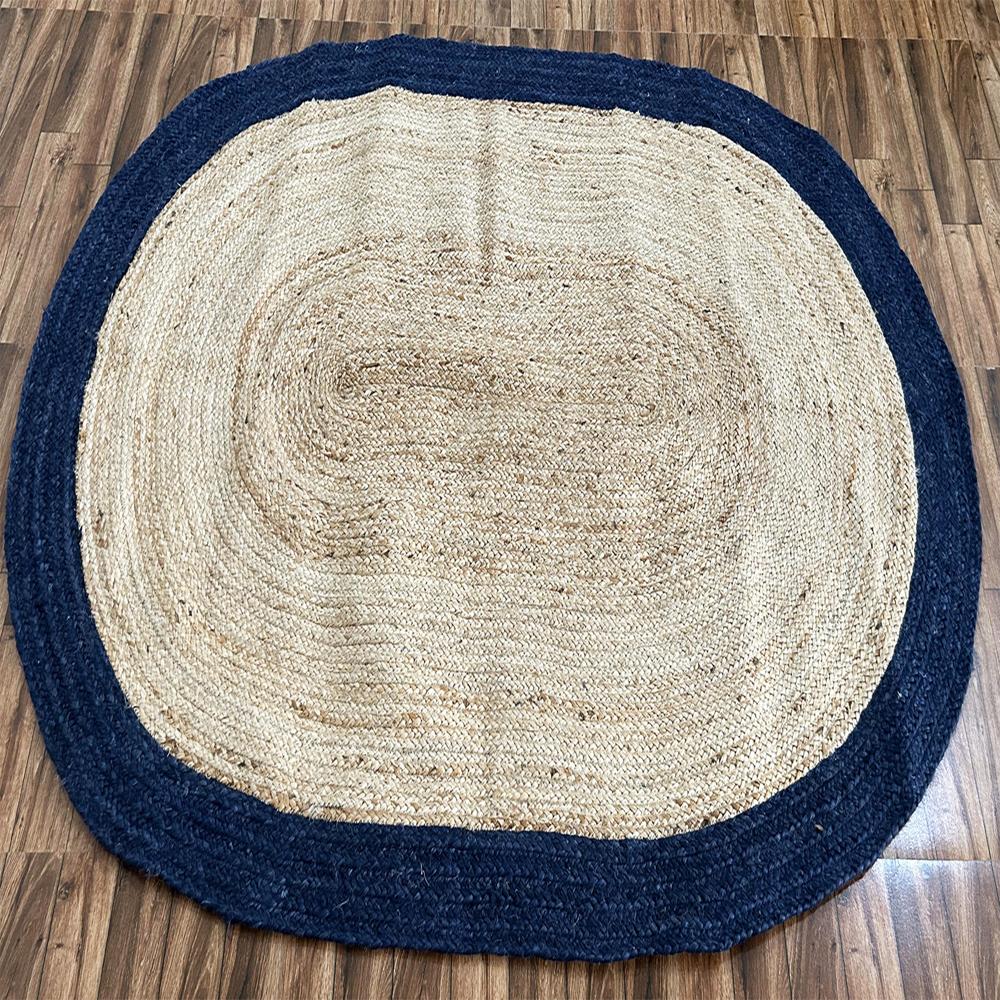 Handcrafted Oval Braided Jute Rug with Navy Blue Border