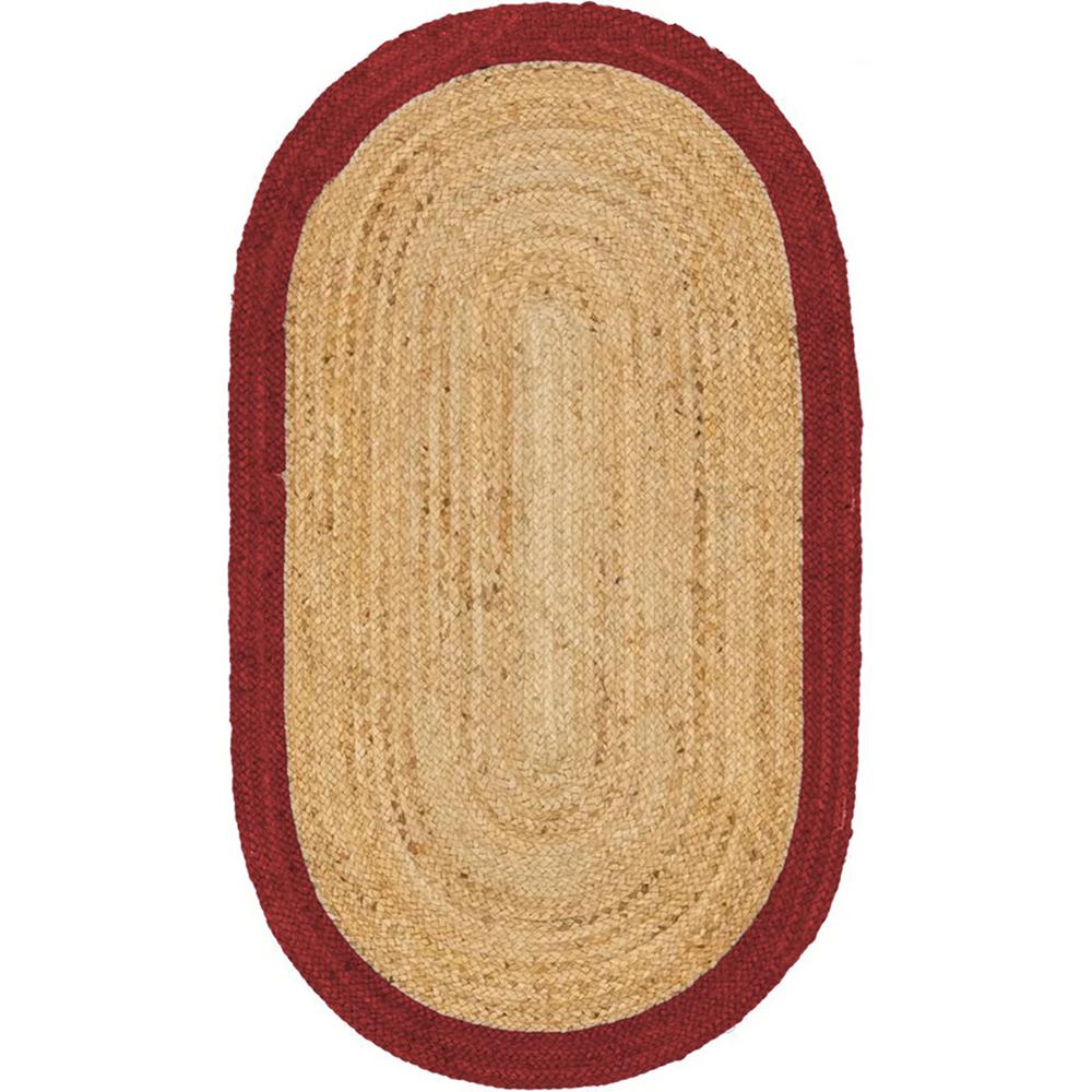 Natural Jute Oval Braided Rug with Red Border