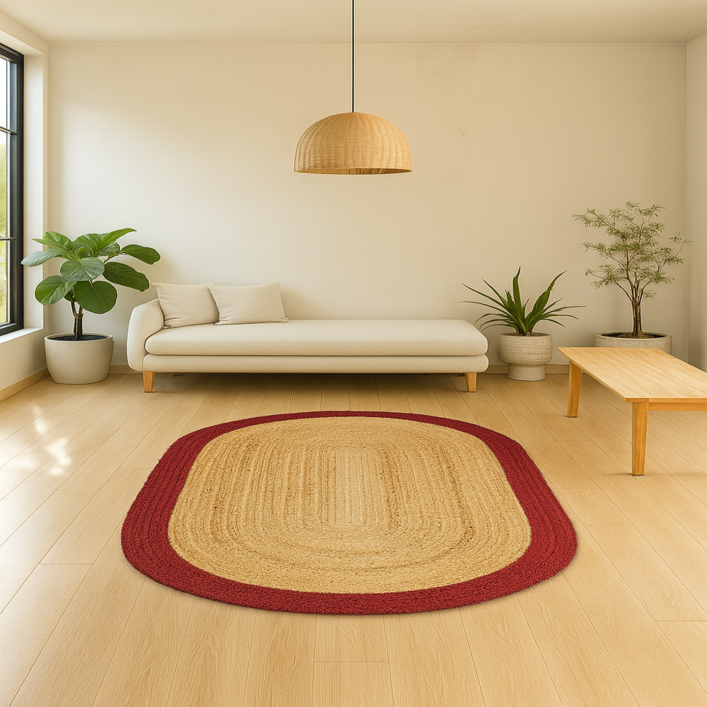 Natural Jute Oval Braided Rug with Red Border