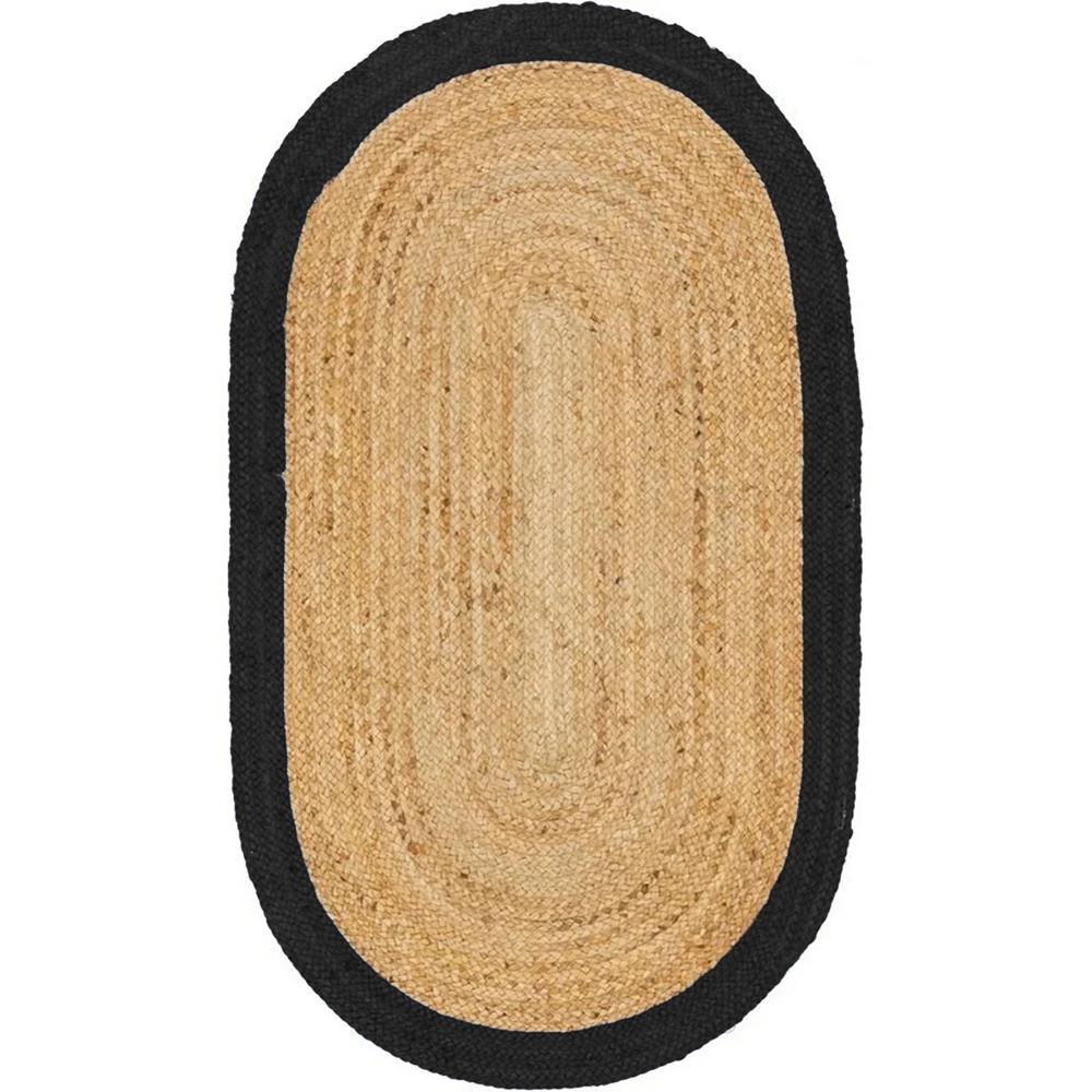 Natural Jute Oval Braided Rug with Black Border