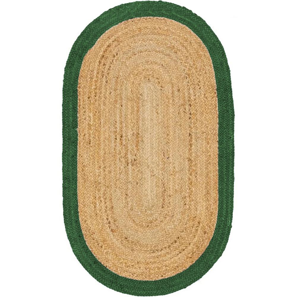 Natural Jute Oval Braided Rug with Green Border