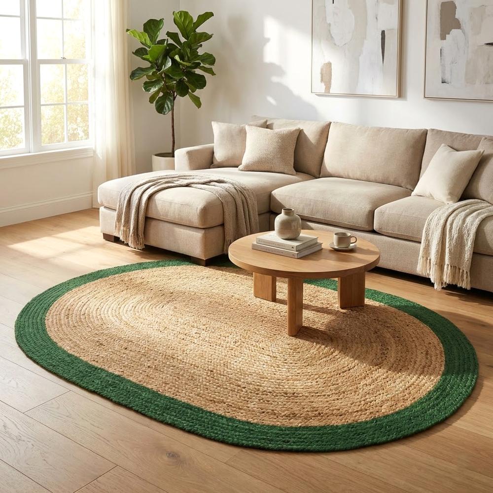 Natural Jute Oval Braided Rug with Green Border