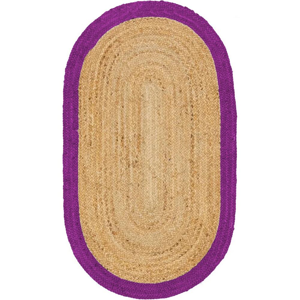 Natural Jute Oval Braided Rug with Purple Border