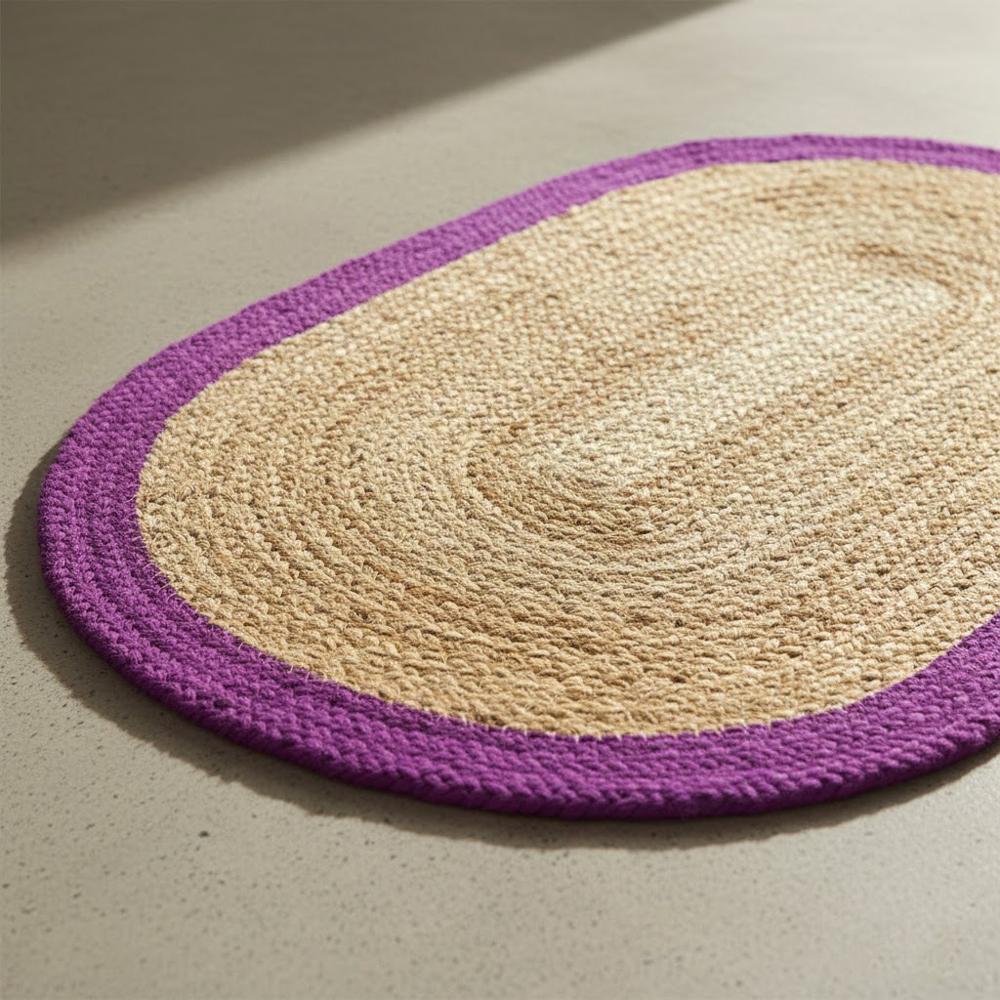 Natural Jute Oval Braided Rug with Purple Border